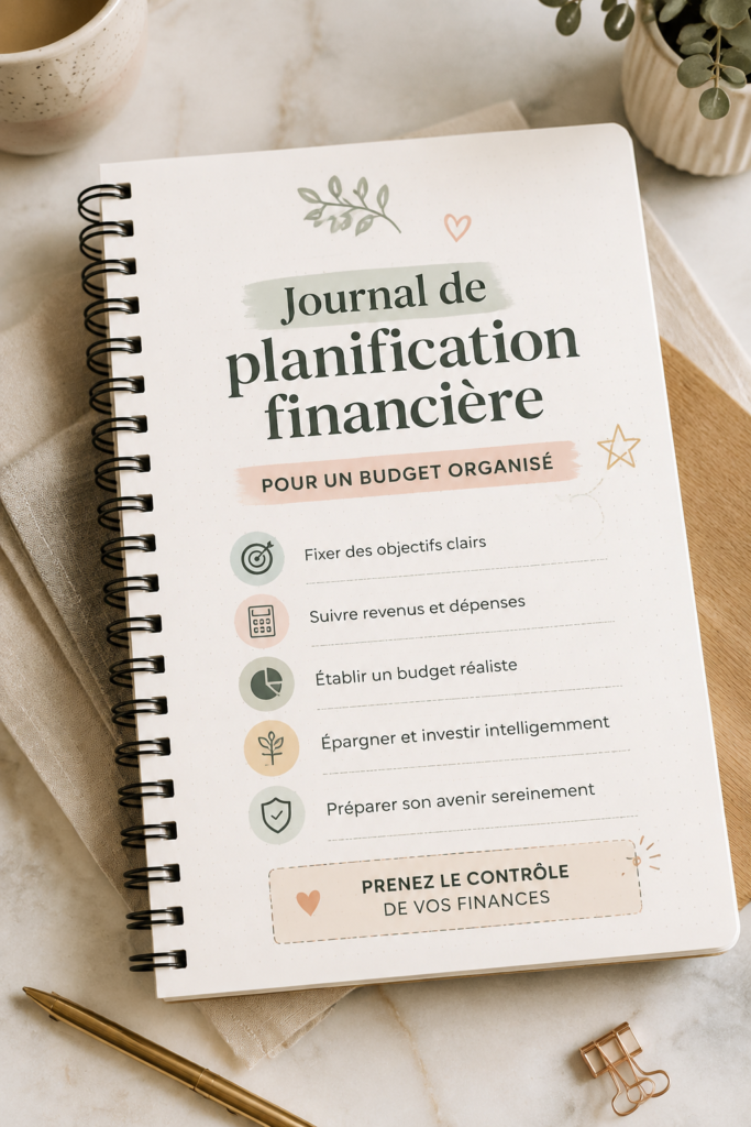 Une femme feuilletant un journal de planification financière dans un environnement chaleureux.