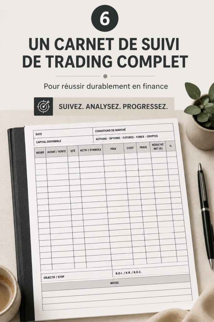 Capture d'écran d'un journal de trading avec des graphiques et des notes de performance.