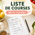 Femme souriante tenant une liste de courses et un caddie.