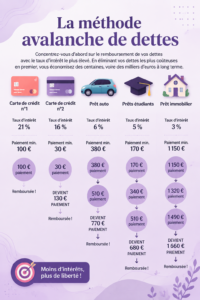 Illustration de la méthode avalanche pour gérer les dettes et améliorer la liberté financière.