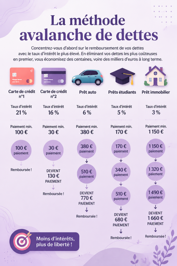 Illustration de la méthode avalanche pour gérer les dettes et améliorer la liberté financière.