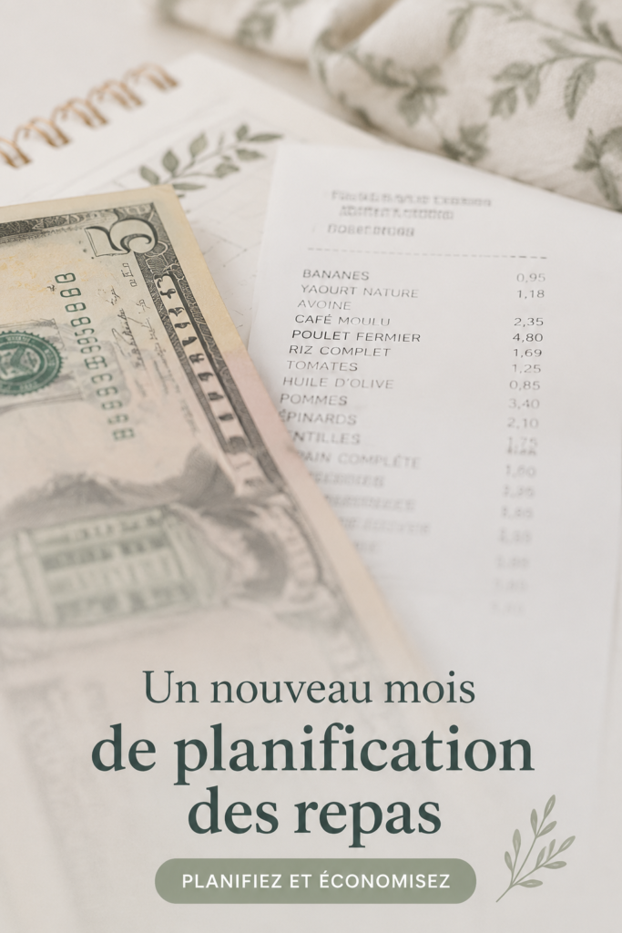 Femme souriante planifiant un menu mensuel à l'aide de papiers et de stylos.