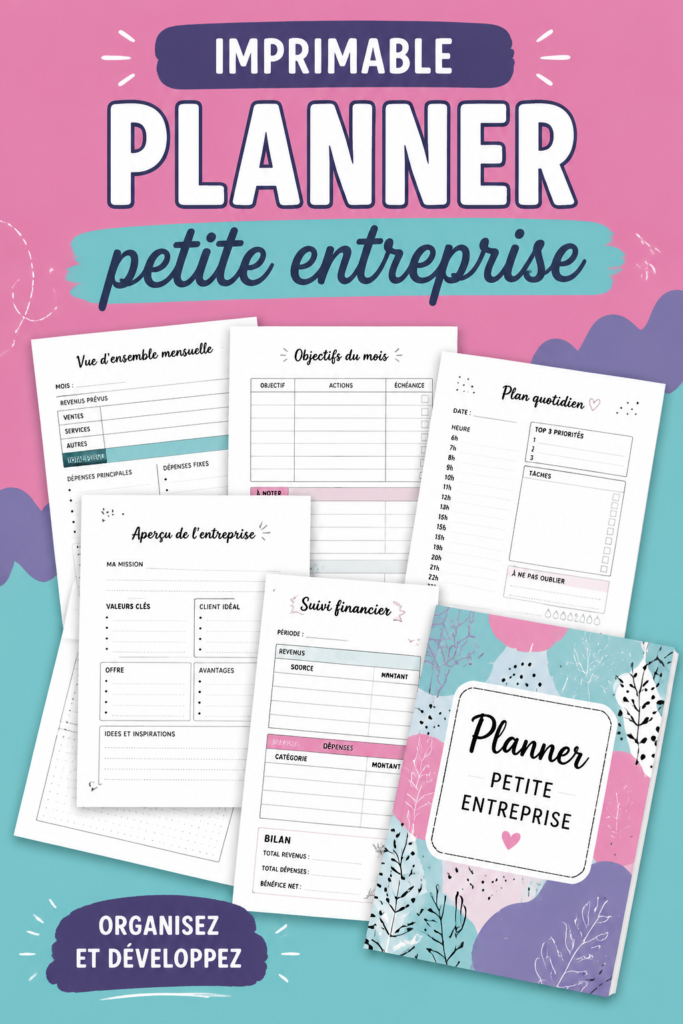 Image d'un planner pour petites entreprises imprimable sur une table avec des fournitures de bureau