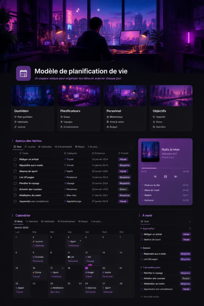 Image de l'interface de Notion montrant un planner de vie pour gérer les finances.