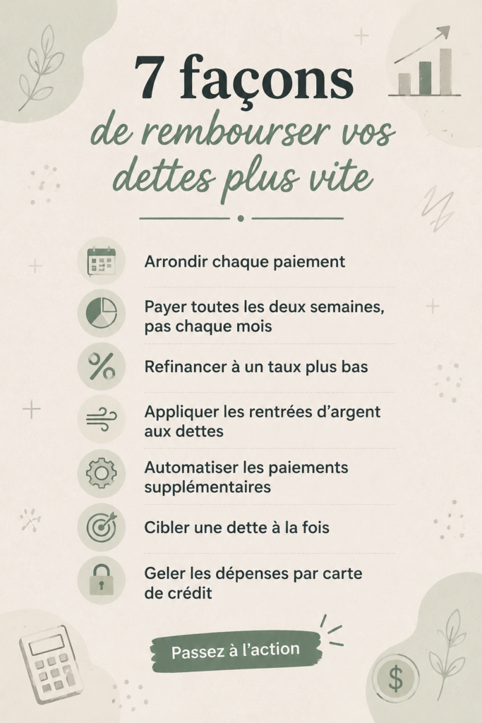 Une femme souriante avec un carnet, planifiant ses finances personnelles pour rembourser ses dettes.