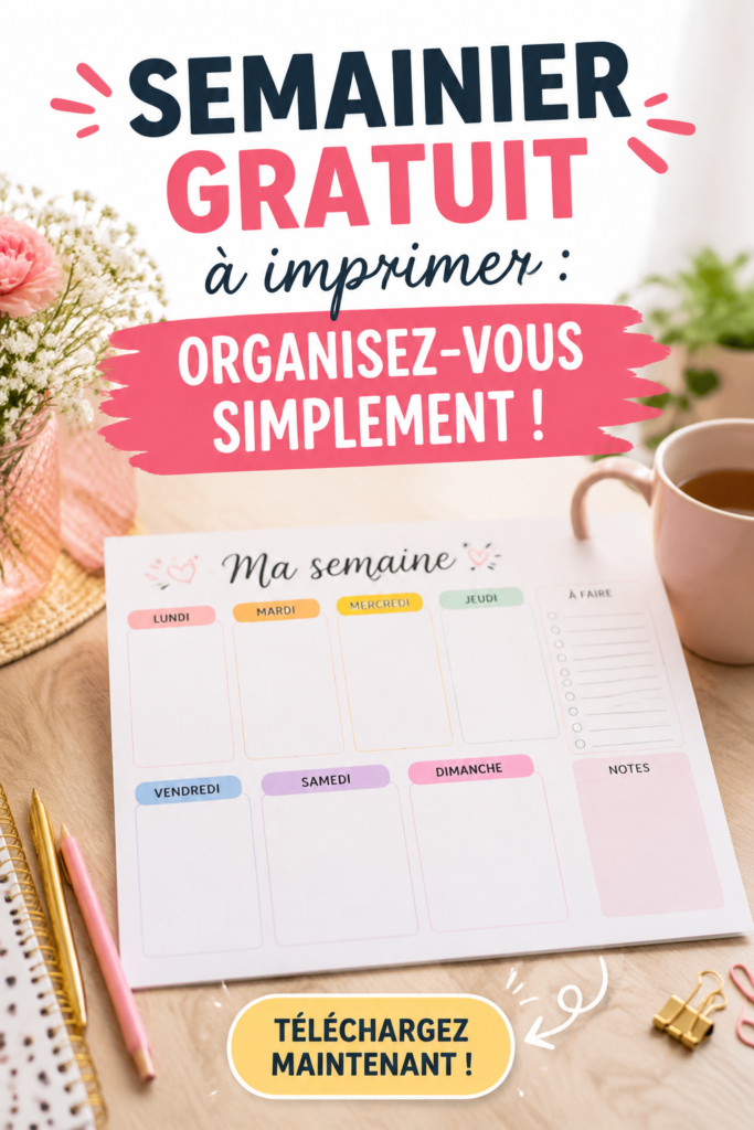 Semainier imprimé sur une table avec des stylos et des notes