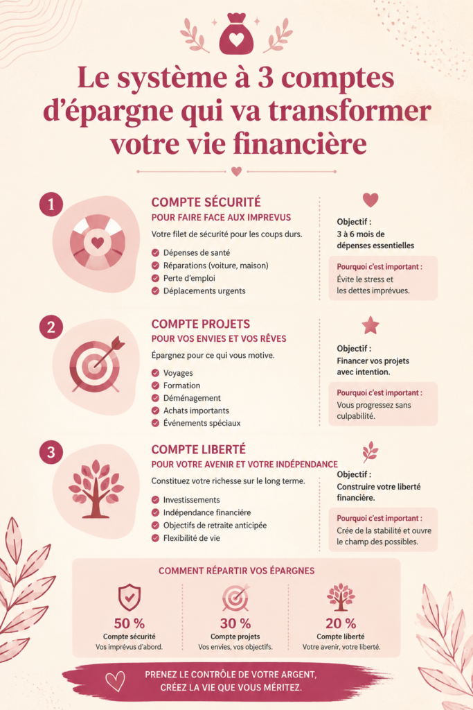 Illustration d'un système de 3 comptes d'épargne pour une gestion financière intuitive.